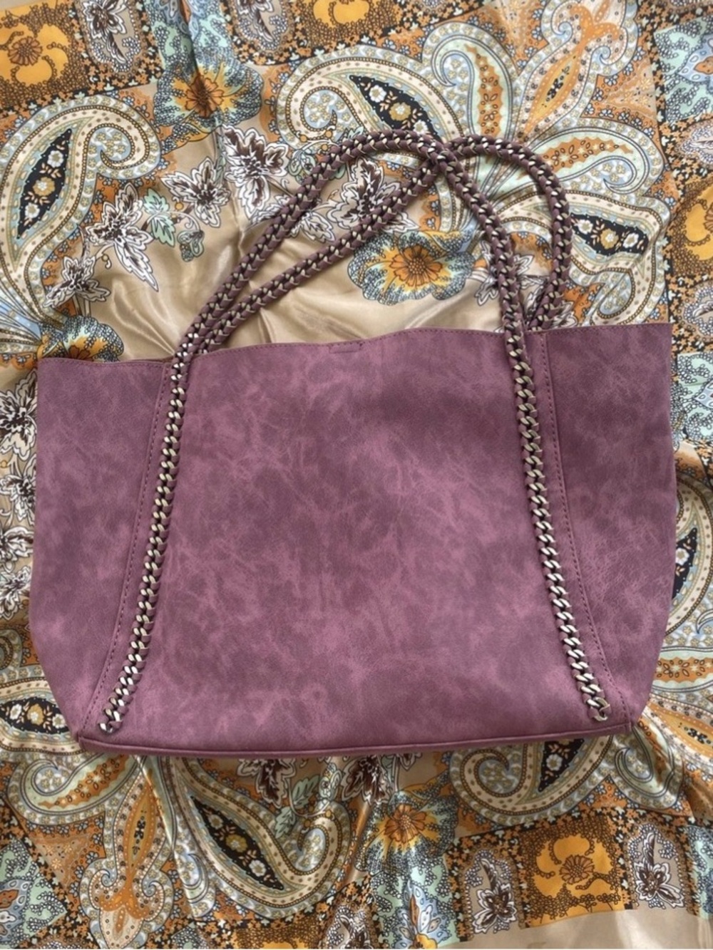 Purple Suede Tote Bag with Silver Chain Link Trim